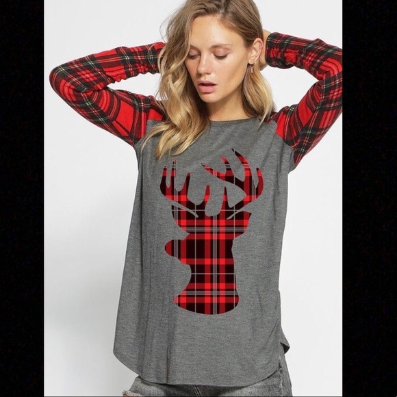 LAST ONE! Ragland Holiday top, plaid sleeves - Picture 2 of 3